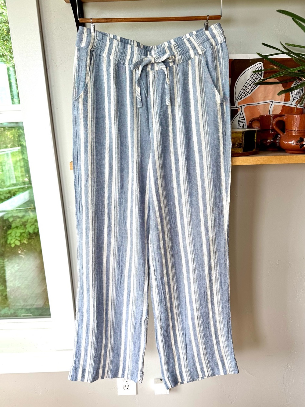 Thread & Supply Blue Ivory Stripe Rayon Linen Wide Leg Elastic Waist Beach Pants